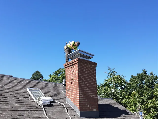 Littleton Chimney Sweep technician measuring a chimney cap in Littleton, MA