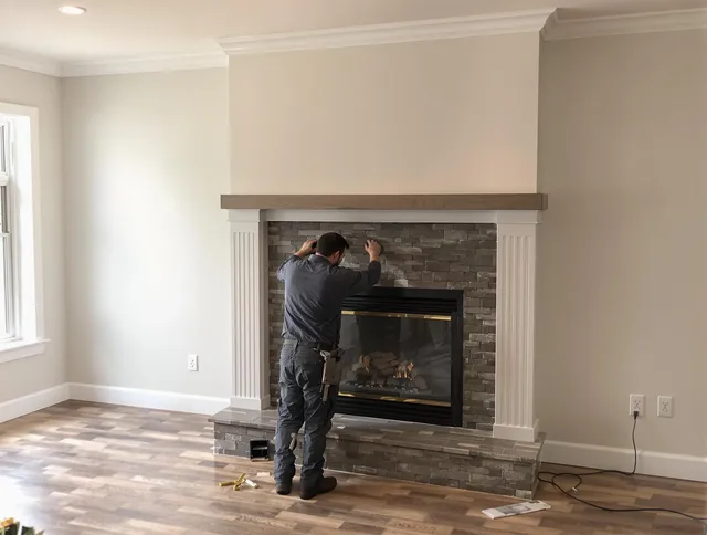 Littleton Chimney Sweep finishing a custom fireplace install in Littleton, MA